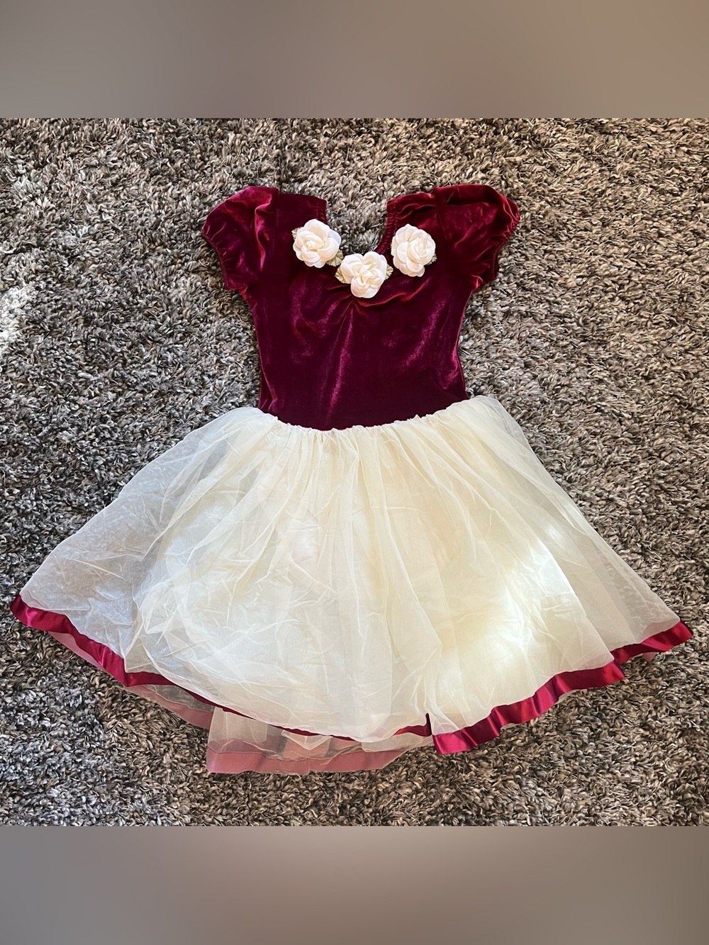 Girls Burgundy Velvet and Cream Tulle, Ballet Dance Costume with Floral Accent